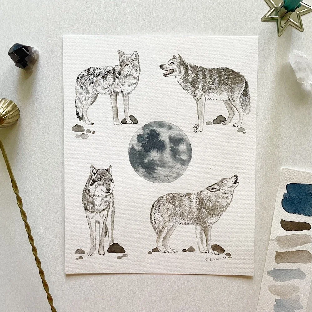 moon wolf ハンドメイドパステル画　絵画アート原画 Winter Wolf Moon Canvas Wall Art by David Lloyd Glover | iCanvas